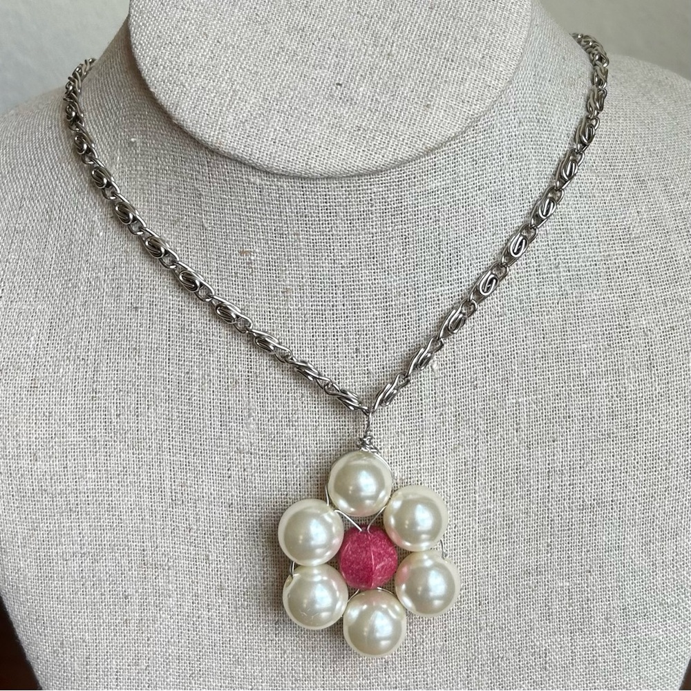 Handmade White pearls and Pink jade chunky pendant long strong chain Necklace